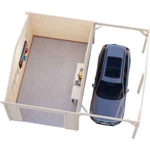 Palmako Garage Roger aus Holz, tauchgrundiert, mit Carport und Auto, Vogelperspektive.