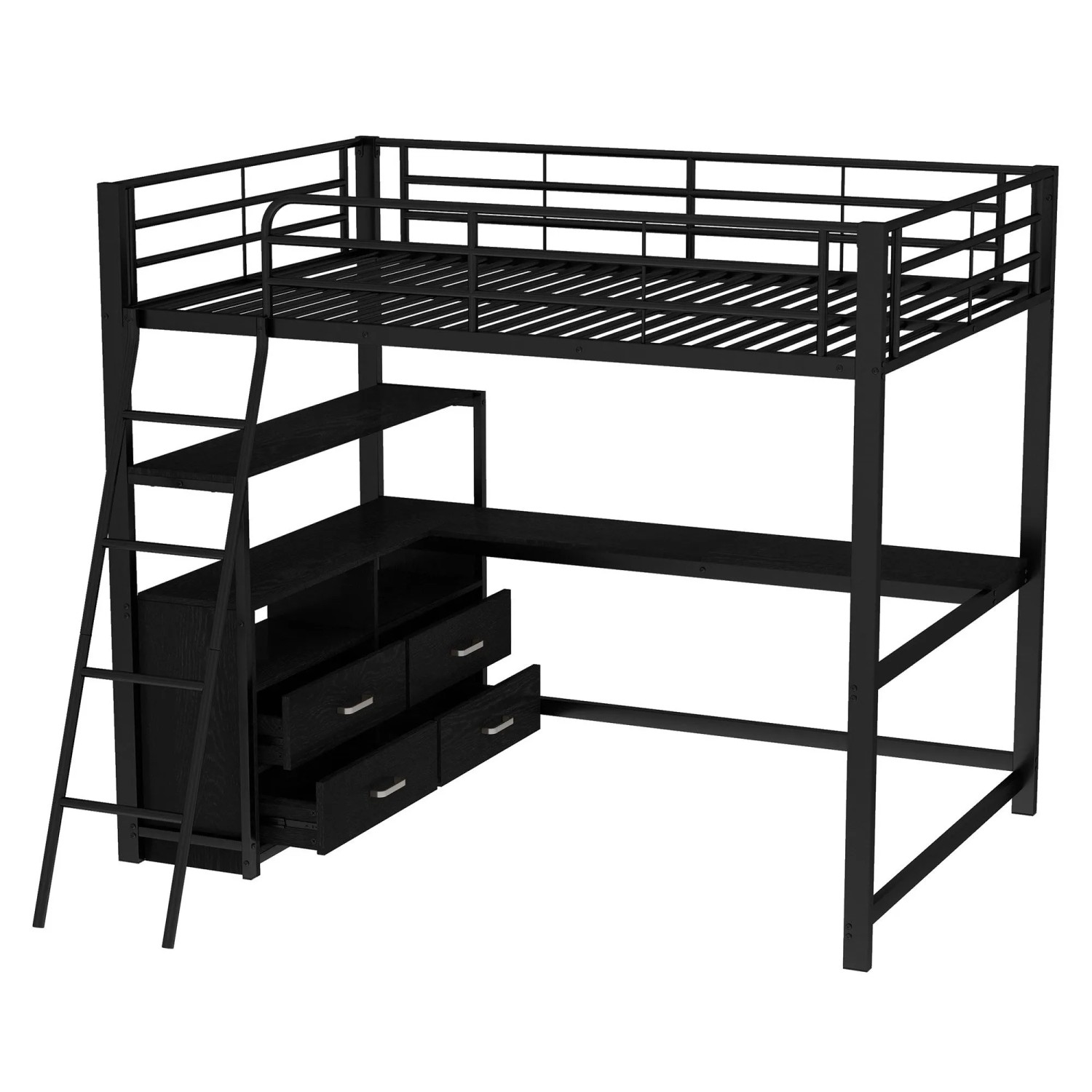 okwish Hochbett 140x200cm mit Schubladen L Schreibtisch Schlafzimmer Schwarz ohne Matratze