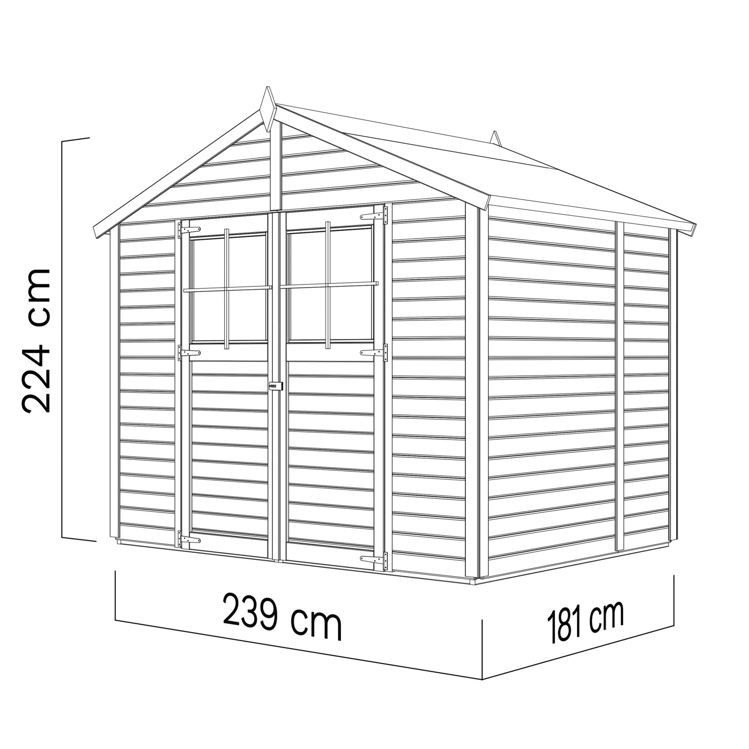 Illustration: Holz-Gartenhaus Bertilo Osterbek, 239x181cm, mit Doppeltür und Maßangaben.