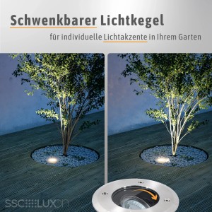 SSC-LUXon Juavi Bodeneinbaustrahler, schwenkbar, silber, mit warmweißem Licht im Garten.