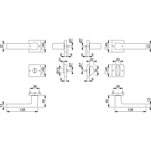 Technische Zeichnung: Hoppe Rosettengarnitur Austin Aluminium WC, Türbeschlag mit Maßen.