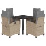 5-tlg. Garten-Essgruppe mit beigemischtem Poly Rattan, inkl. Tisch mit Glasplatte und Sesseln mit Kissen.