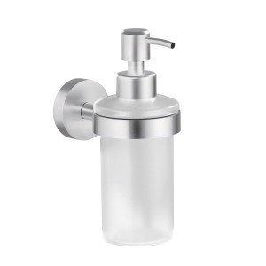 Tesa Moon Seifenspender in Edelstahloptik mit Glasbehälter zur Wandmontage.