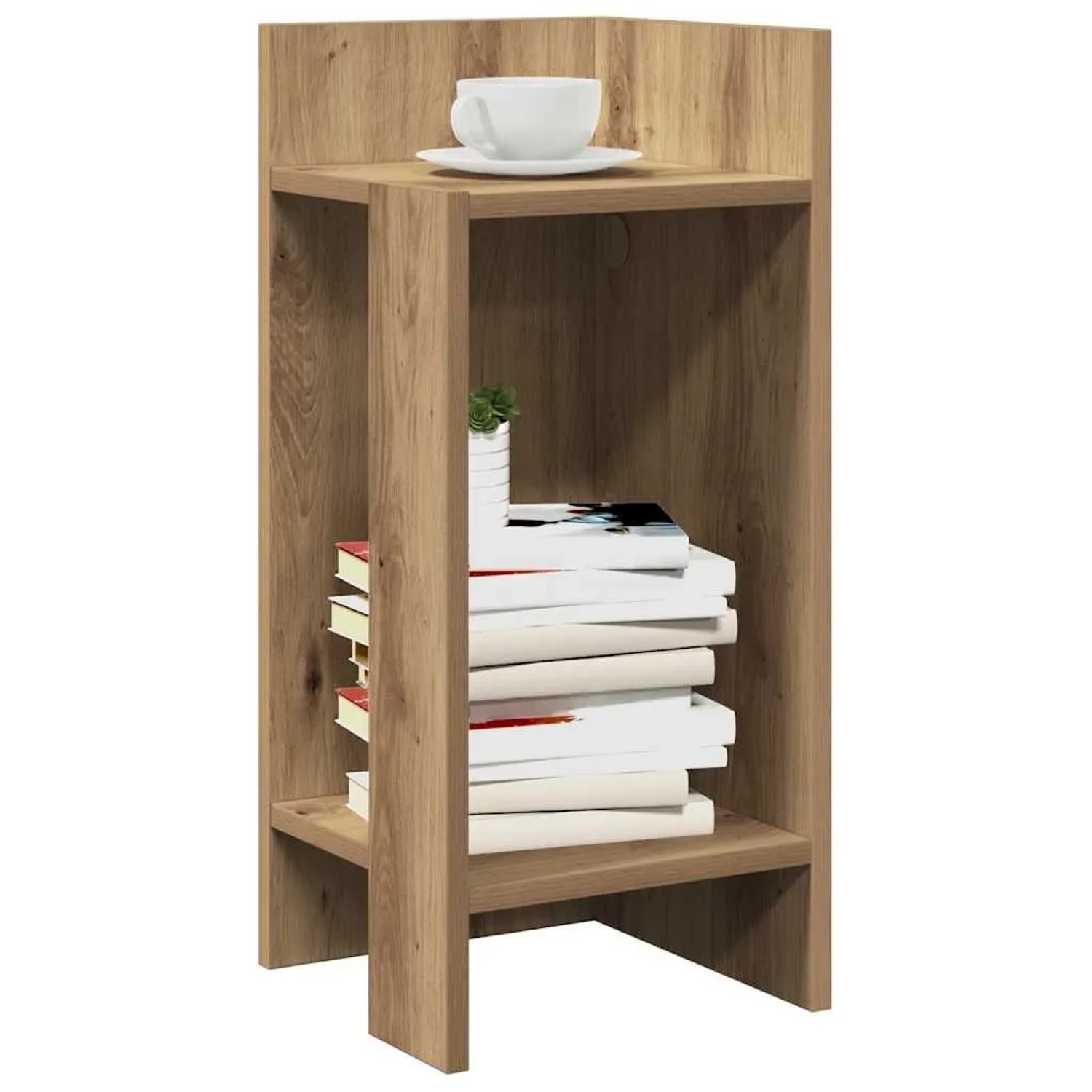 Moderner Beistelltisch aus Holzwerkstoff in Artisan-Eiche mit zwei Ablagen, dekoriert mit Tasse und Büchern.