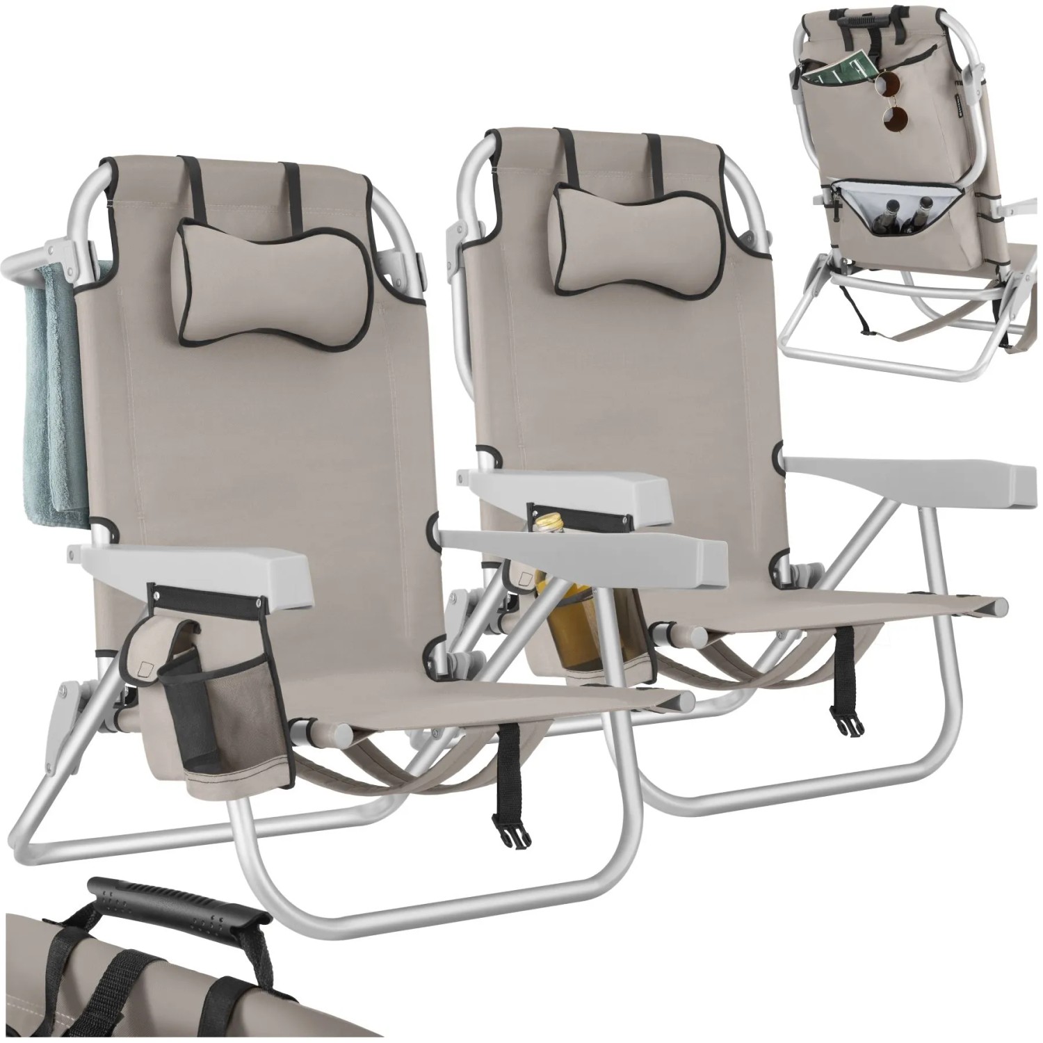Tectake Aluminium Strandstuhl Coral Klappbar  Mit Rucksackfunktion Wetterfest und Uv Beständig 2Er Set 101 x 63 x 78 cm Beige