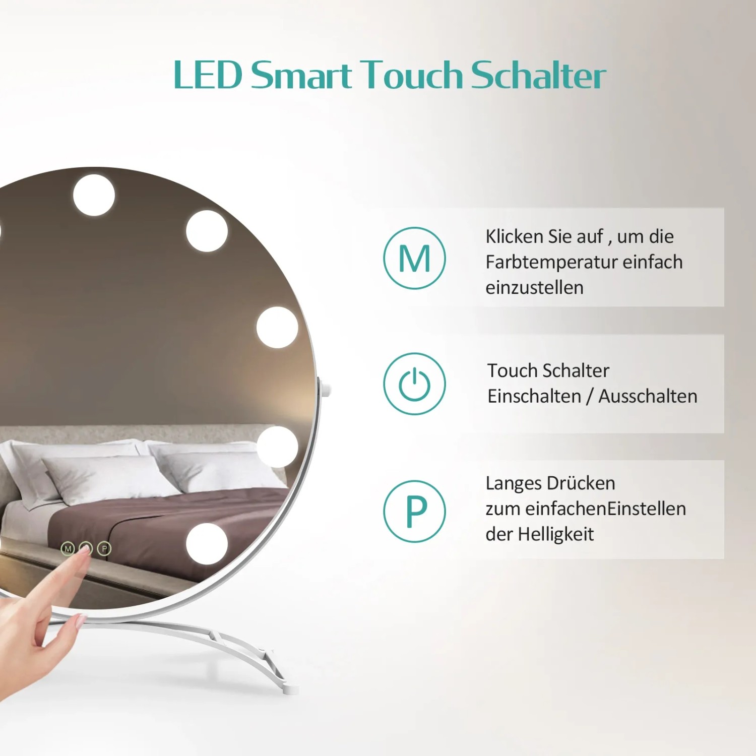 Emke Hollywood Kosmetikspiegel mit LED-Beleuchtung und Touch-Funktion zur Einstellung von Helligkeit und Farbtemperatur.