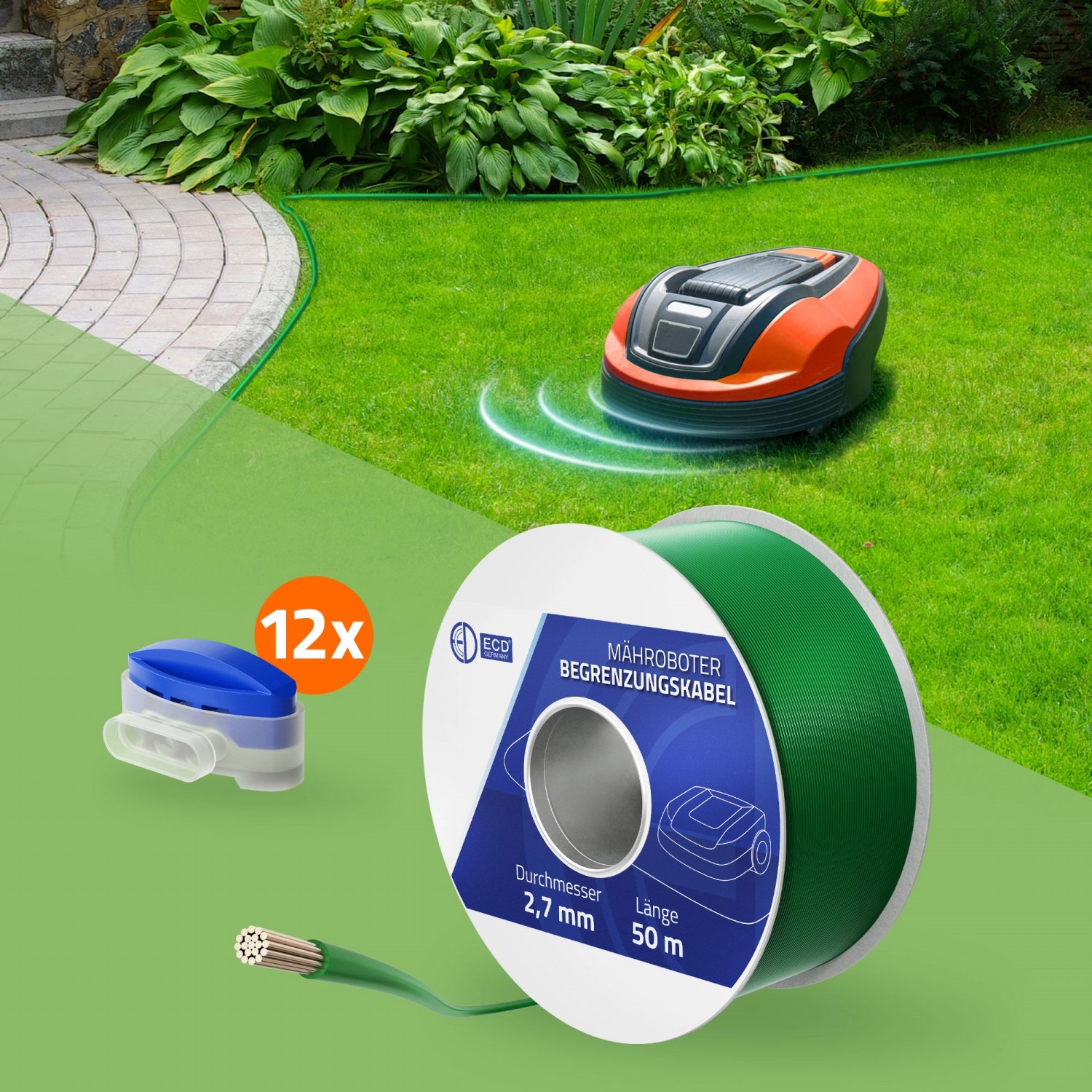 ECD Germany 50m Begrenzungskabel für Mähroboter mit 12 Kabelverbindern auf Rasen mit Mähroboter.