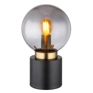 Globo Tischleuchte Marka, schwarz/messing, Ø 15cm. Design-Tischlampe mit rundem, opalem Glas.