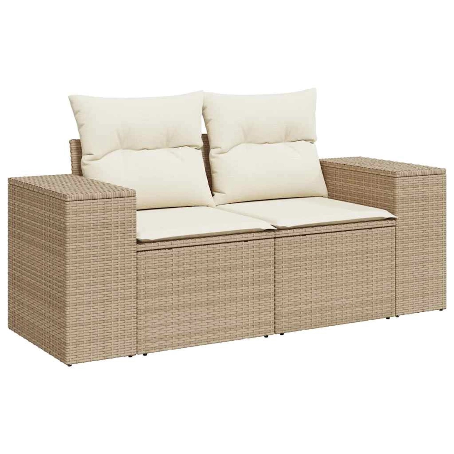 Beige 7-tlg. Garten-Sofagarnitur aus Polyrattan mit cremeweißen Kissen.