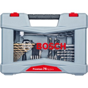 Bosch Premium Zubehör-Set, 76-teilig, im grauen Koffer mit Bohrern und Bits.