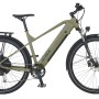 Moosgraues Prophete E-Bike SUV Stack 2.0 mit Gepäckträger und integriertem Akku.