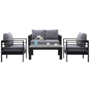 MeXo Gartenmöbel Set: Loungeset für 4 Personen, Aluminium, schwarz, mit Tisch und grauen Kissen.