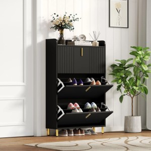 Merax Schuhschrank mit 3 Klappen 6 Fächer Schuhkipper Schwarz 80x24x124 cm