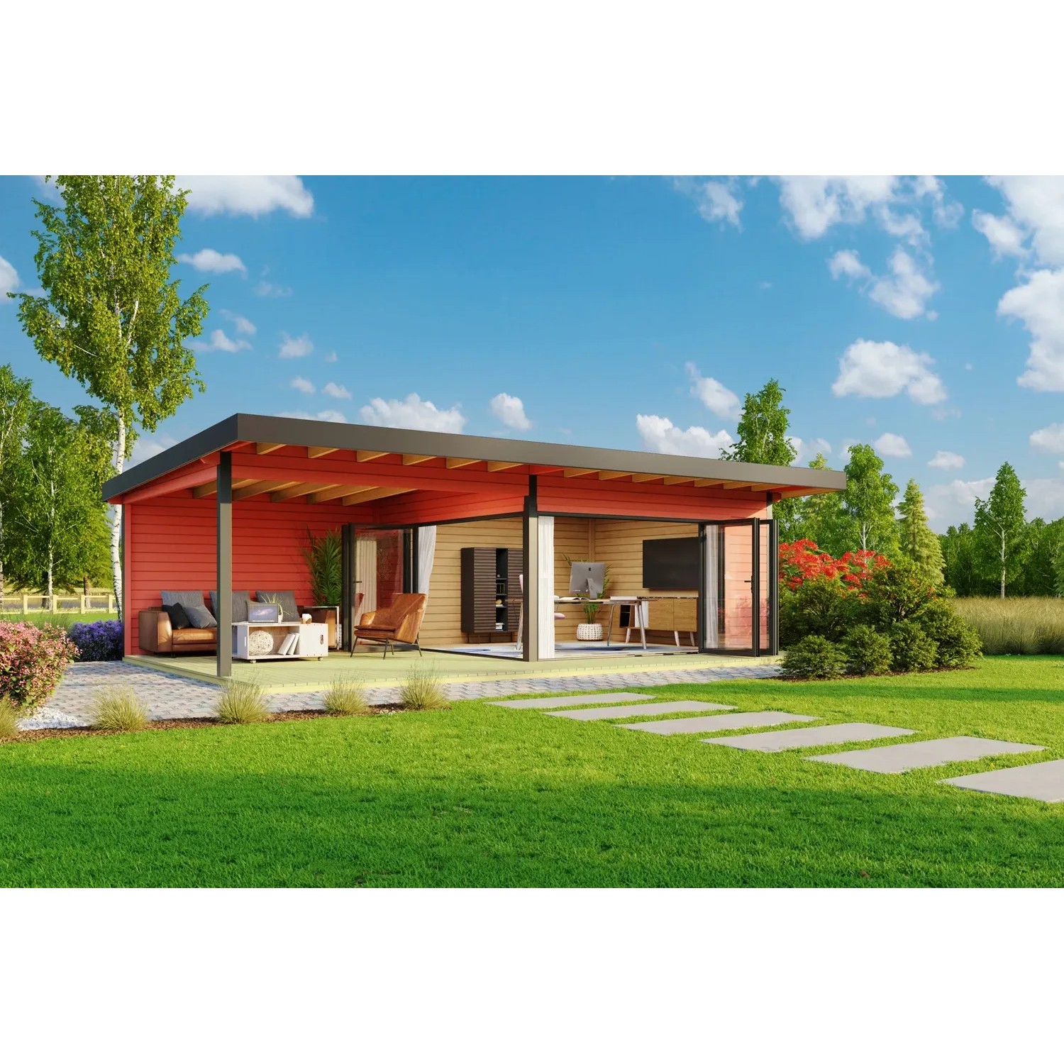 Lasita Maja Ferienhaus Domeo 10, schwedenrot, mit Anbau und Pultdach im Garten.
