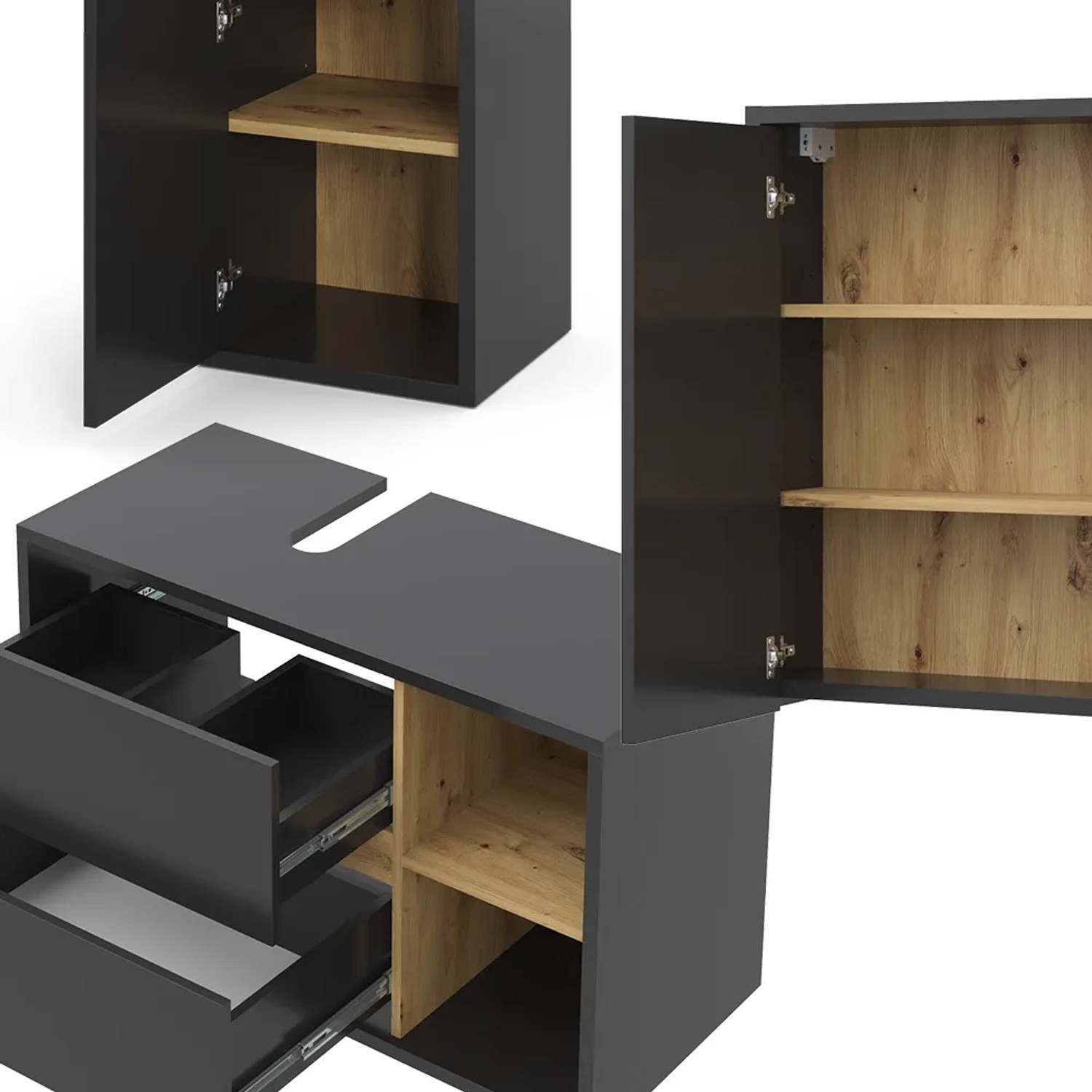 Vicco Badmöbel-Set Viola, 3-teilig, Anthrazit/Eiche: Spiegelschrank, Unterschrank, Midischrank.