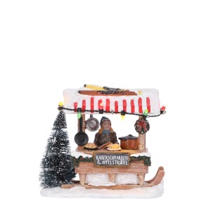 Luville Collectables Miniatur-Weihnachtsstand mit Verkäufer, Apfelstrudel, beleuchtet, auf Schnee.