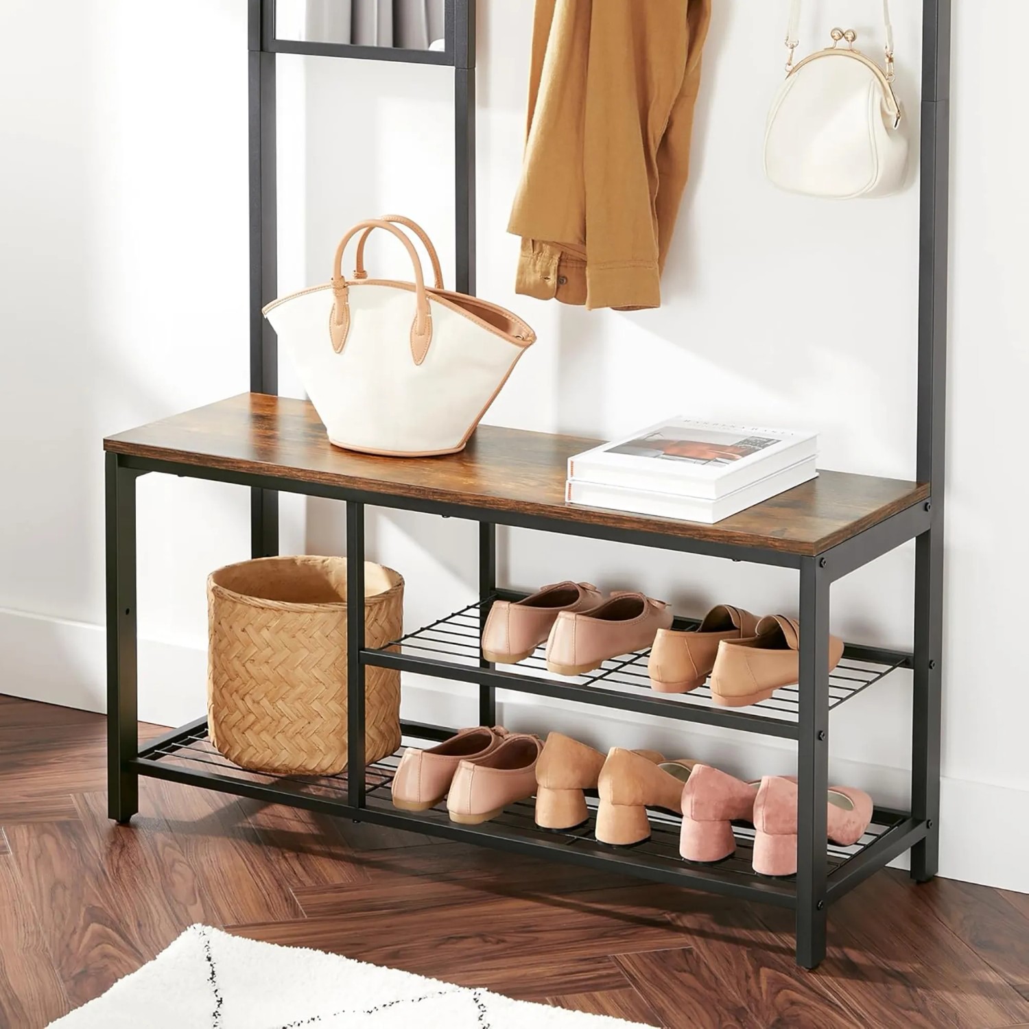Songmics Garderobe mit Bank, Schuhregal und Haken in Braun-Schwarz.