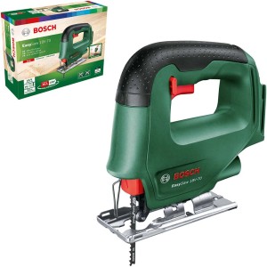 Bosch Akku-Stichsäge EasySaw 18V-70 Solo, grüne Akku-Säge mit Sägeblatt und Produktverpackung.