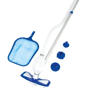 Bestway AquaClean Pool Reinigungsset mit Kescher, Bürste, Teleskopstiel und Schlauch.