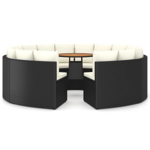 vidaXL 9-tlg. Garten-Sofagarnitur aus Polyrattan in Schwarz mit Auflagen und Tisch.