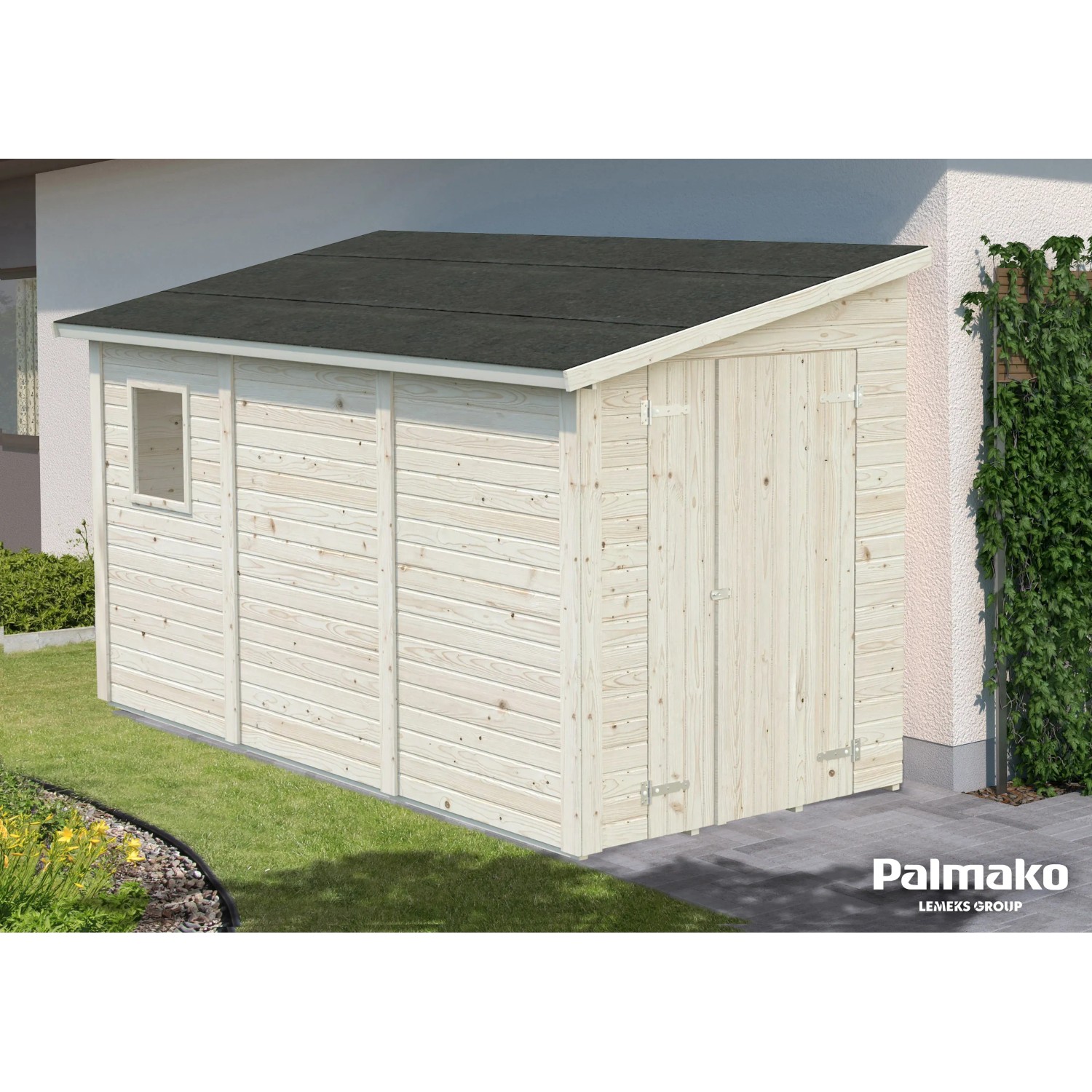 Palmako Mia Holz-Gartenhaus mit Pultdach, unbehandelt, 332x165 cm. Naturholz mit Fenster und Doppeltür.