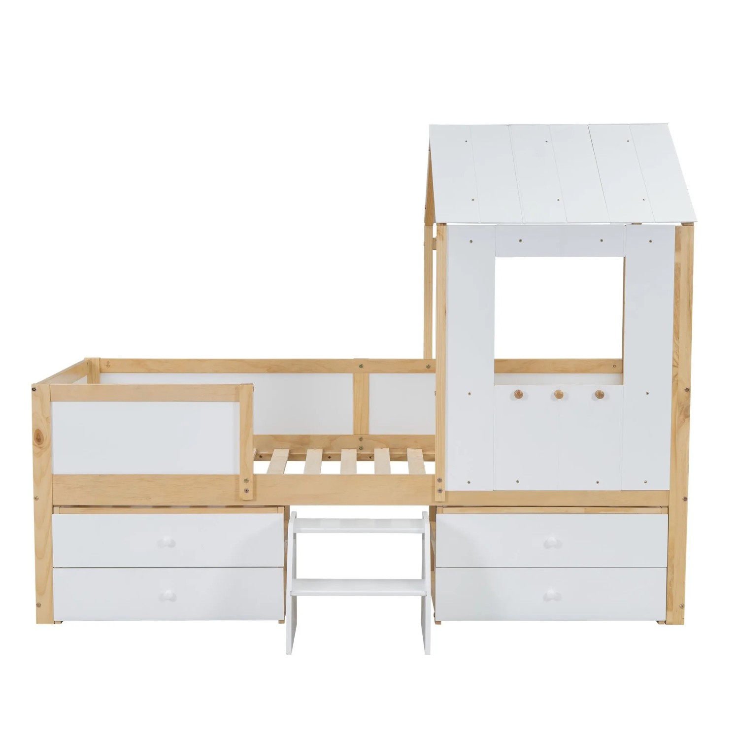 KOMHTOM Kinderbett 90x200Cm Halbhohes Bett Hausbett Mit Dach Fenster Vierseitiger Zaun 4 Schubladen Und Treppe Weiß+Natur Ohne Matratze