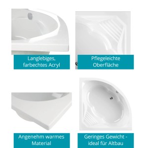 Detailansichten der Calmwaters Eckbadewanne 150x150 cm: Acryl, Oberfläche, Material und geringes Gewicht.