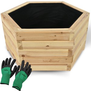 Sechseckiger holz4home Pflanzenkübel aus Tannenholz mit Gartenhandschuhen.