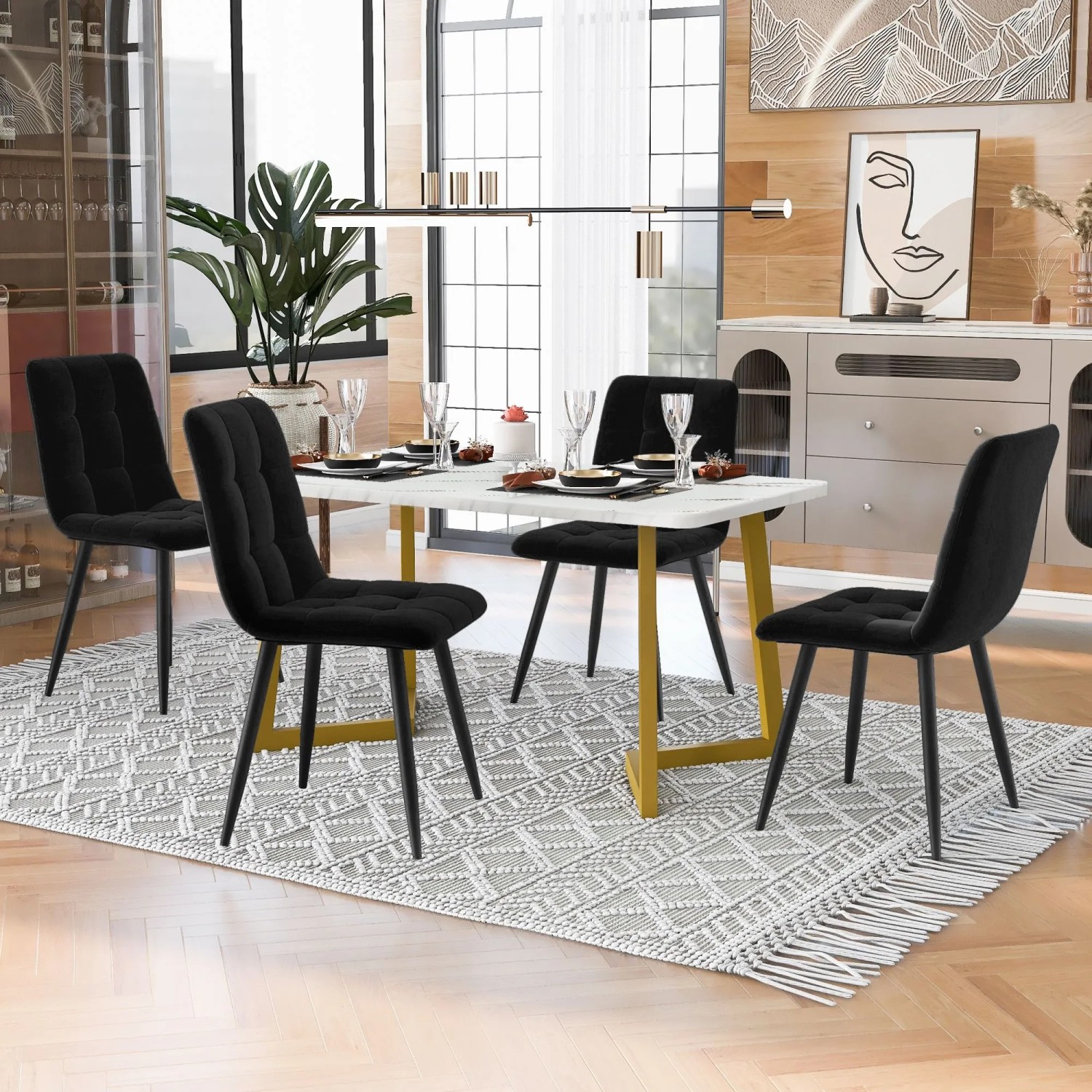 Merax Essgruppe 5-tlg mit 117cm Esstisch 4 Samtstühle Schwarz Tischbeine Gold_2