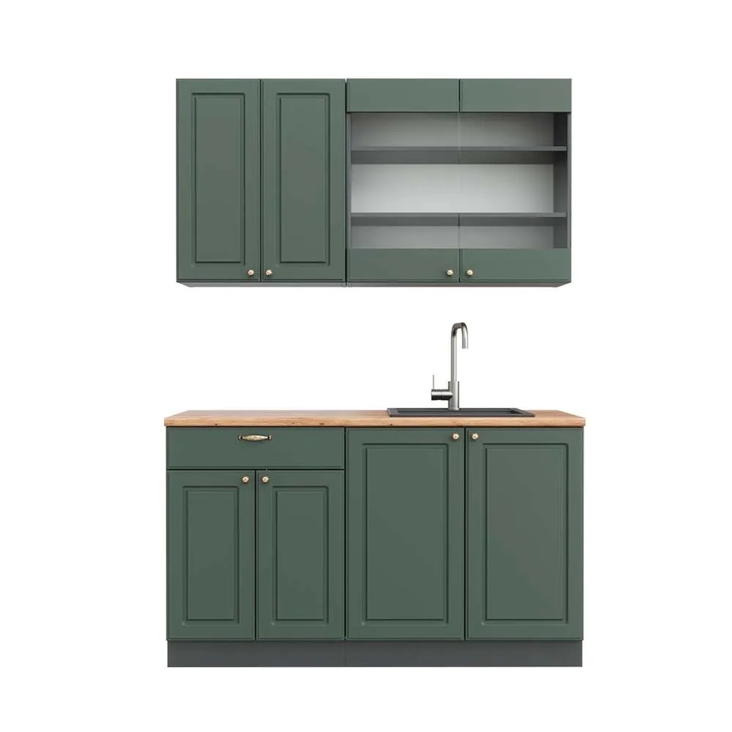 Vicco Fame-Line Singleküche Grün-Gold Landhaus Anthrazit 140 cm AP Eiche ohne E-Geräte