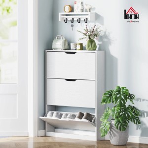 Weißer HOMCOM Schuhschrank mit drei Klappfächern für ca. 12 Paar Schuhe. Kompakte Schuhkommode aus Spanplatte.