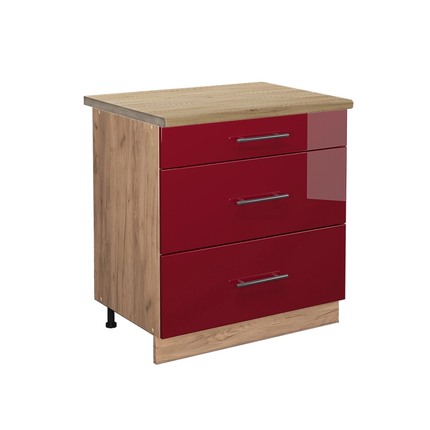 Thumbnail - Vicco Küchenunterschrank Fame-Line Bordeaux Hochglanz/Goldkraft Eiche 80 cm mit 3 Schubladen AP Eiche