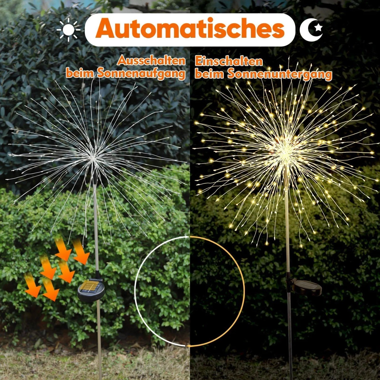 Salcar LED Solar Feuerwerkleuchten im Garten, tagsüber aus, nachts warmweiß leuchtend. Automatische Gartenbeleuchtung.