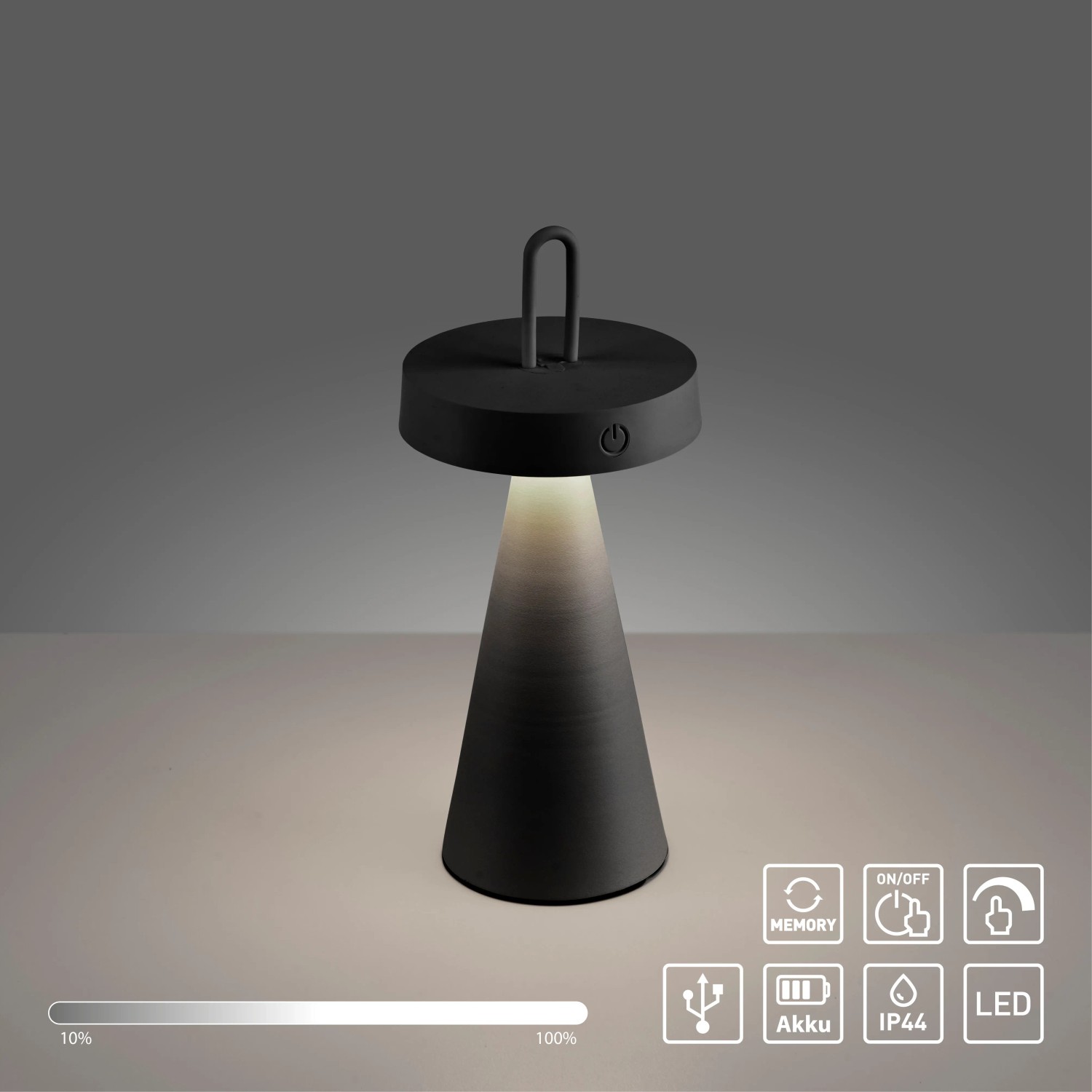 Schwarze LED Akku Tischleuchte Alwa, dimmbar, für Innen & Außen. Dekoleuchte mit warmweißem Licht.