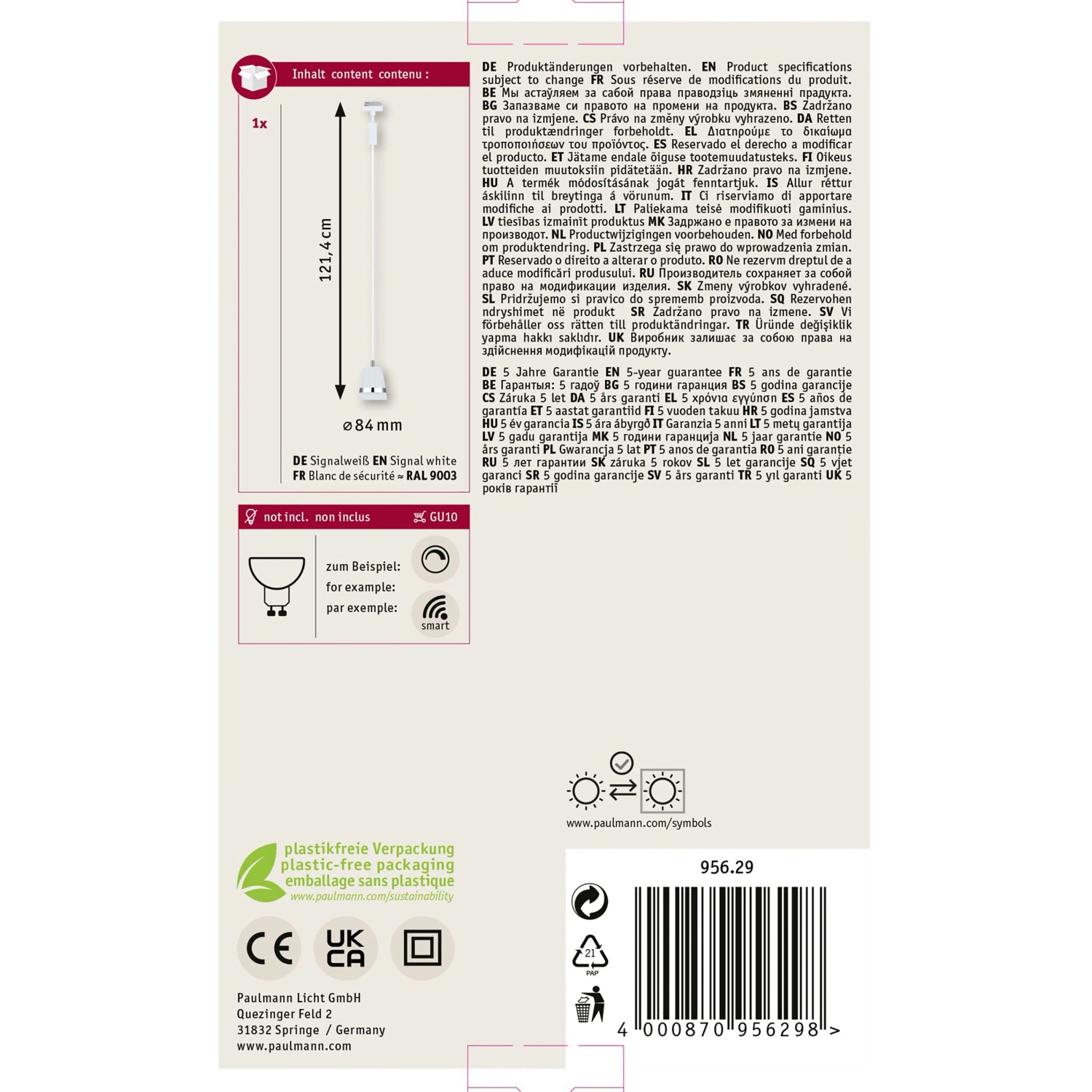 Paulmann Cone URail Pendelleuchte, signalweiß, 121,4 cm. Modernes LED-Schienensystem für flexible Beleuchtung.