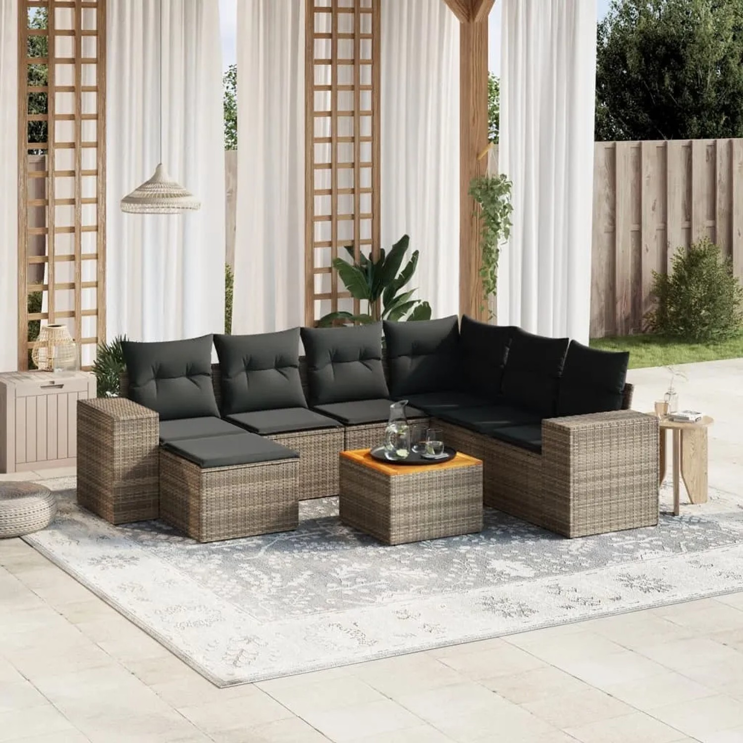 Graue 8-tlg. vidaXL Garten-Sofagarnitur aus Polyrattan mit Kissen auf Terrasse.