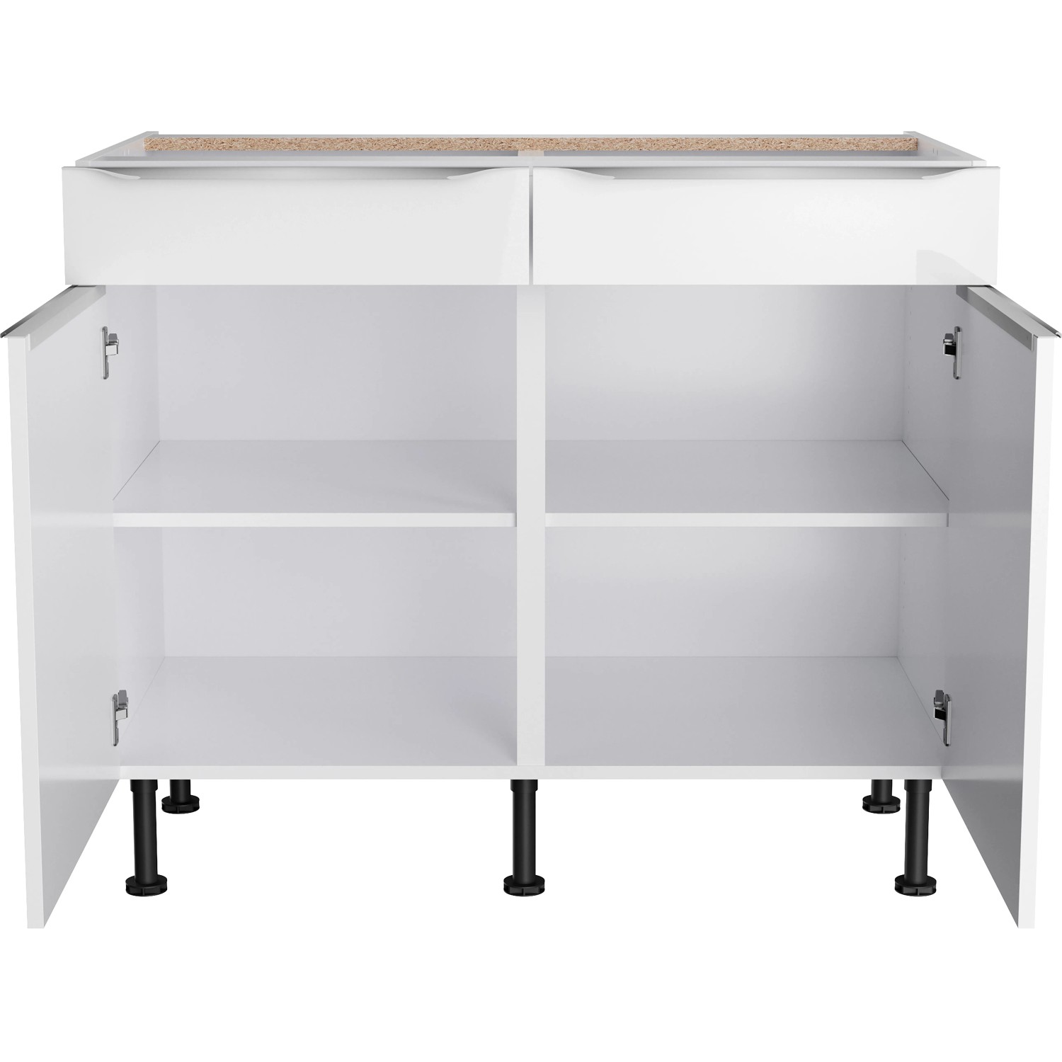 Optifit Unterschrank Arvid986, 100 cm breit, in Weiß mit zwei Schubladen und zwei offenen Türen.