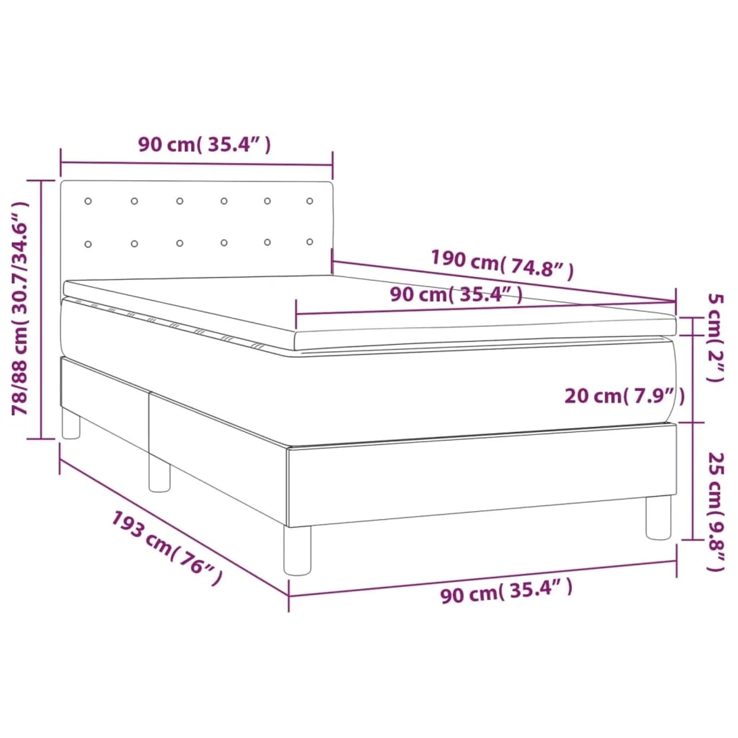 vidaXL Boxspringbett Creme 90x190 cm mit Matratze und Maßen.