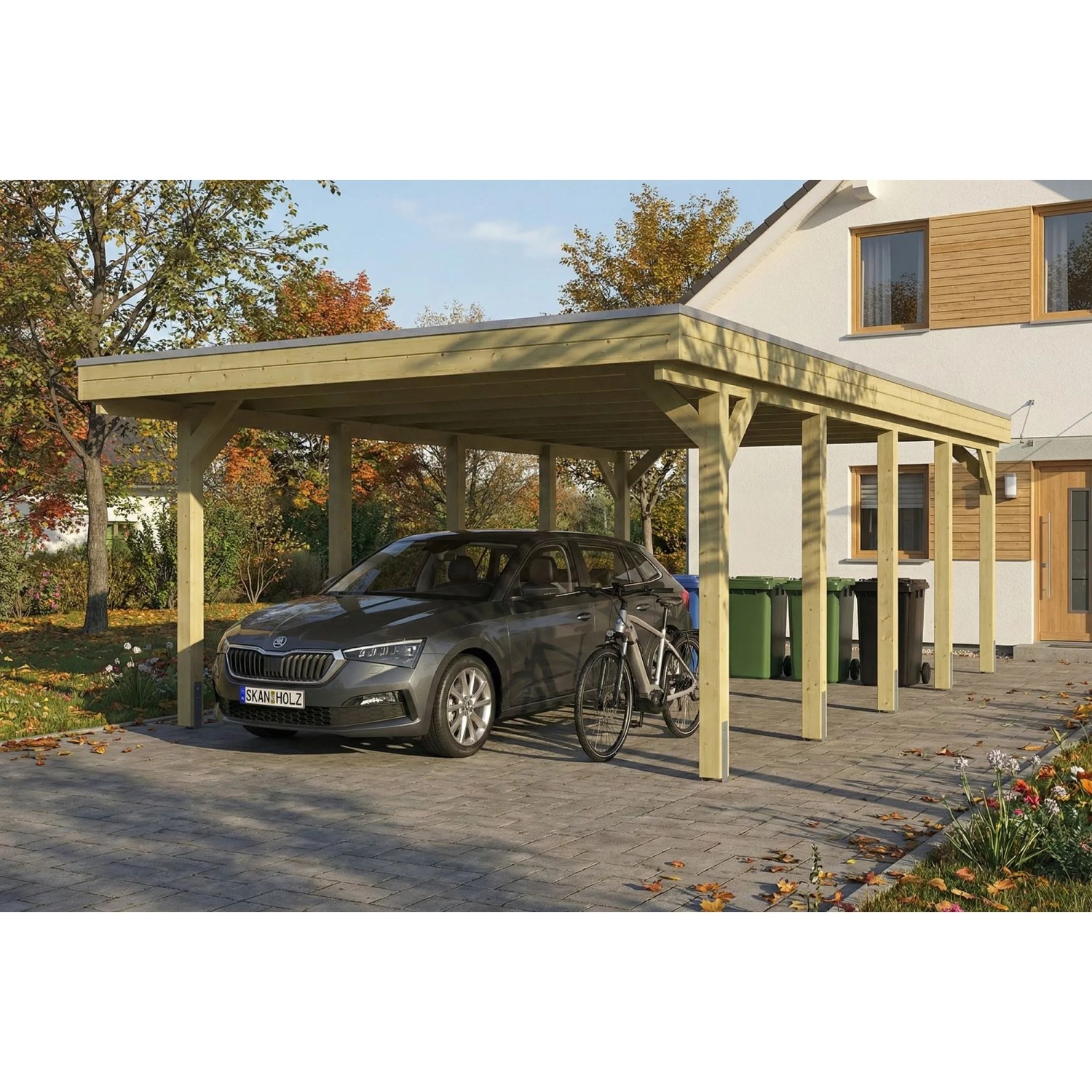 Skan Holz Carport Friesland aus grün imprägniertem Holz mit Flachdach und Stahl-Dachplatten, schützt Auto.
