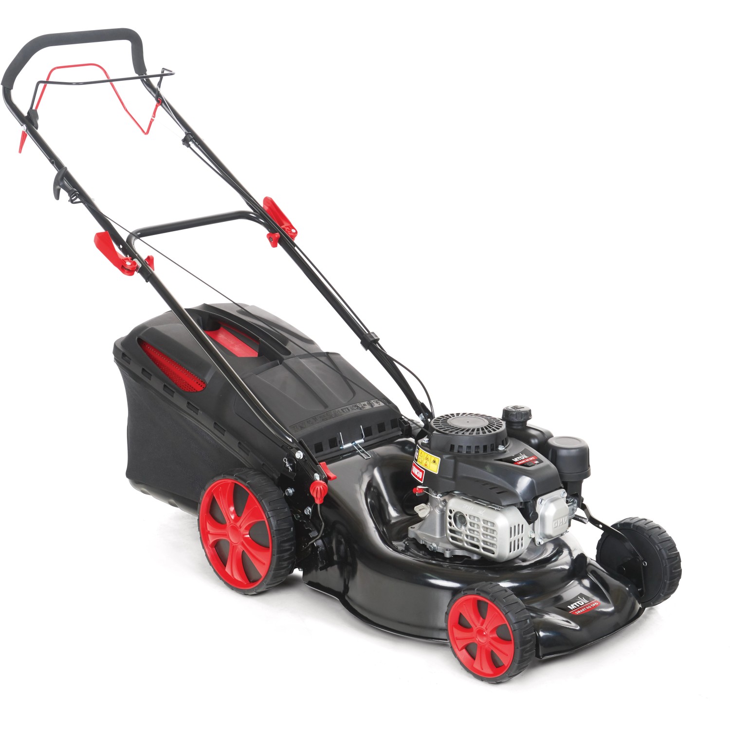 MTD Benzinrasenmäher Smart 46 SPO mit Mulchkit, Fangkorb und roten Rädern.