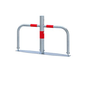 Umlegbare Schake Parkplatzsperre, feuerverzinkt, mit rot reflektierenden Streifen und Profilzylinder.