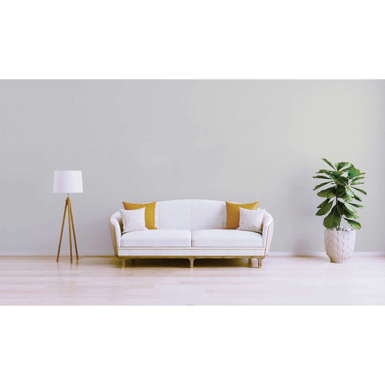 Helle Wand mit Tadessi Unitapete Weiß, kombiniert mit Sofa, Lampe und Pflanze.