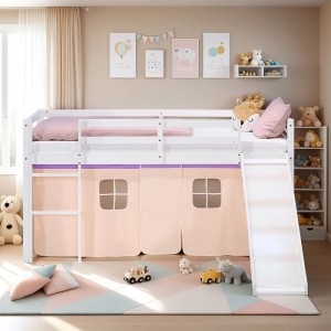 Weißes Kinder Hochbett 90x200 mit Rutsche, Leiter und lila-apricot Vorhang. Inkl. Matratze für Abenteuerbett.