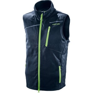 Festool Herren Softshell Weste WE FT1 M in Dunkelblau mit grünen Reißverschlüssen und gesteppten Seiten. Arbeitskleidung.