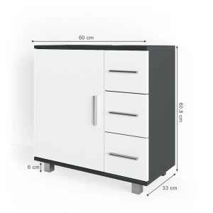 Waschbeckenunterschrank Ilias in Anthrazit/Weiß mit Tür und drei Schubladen, 60x61 cm.