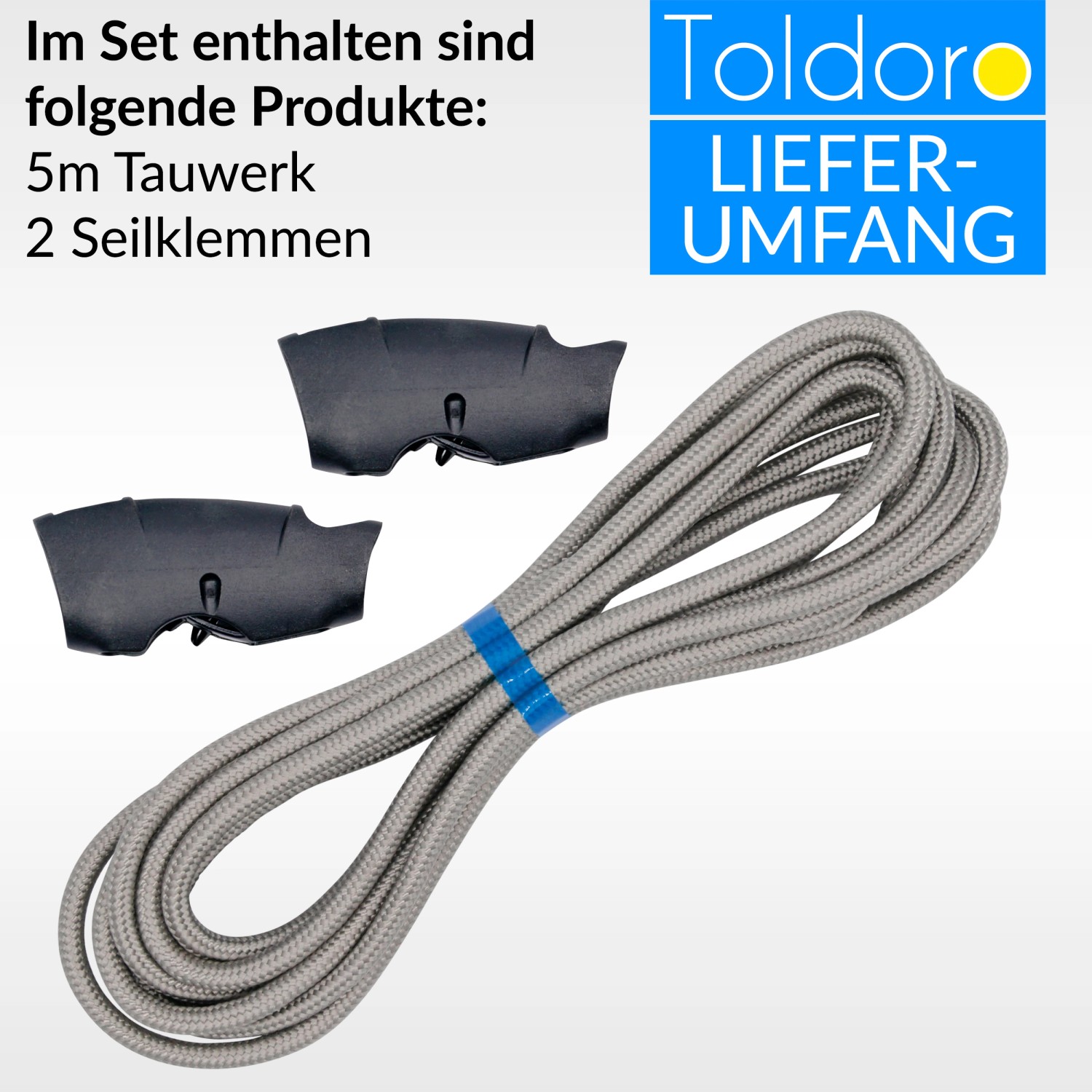 Toldoro Tauwerk Set, 5m grau, mit 2 Seilklemmen. Polyester Sonnensegel Seil, Reißlast 800kg.