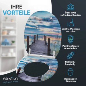 SANILO WC Sitz mit Absenkautomatik, Top Fix, mit Sonnenuntergangs-Motiv, Steg und Vögeln.
