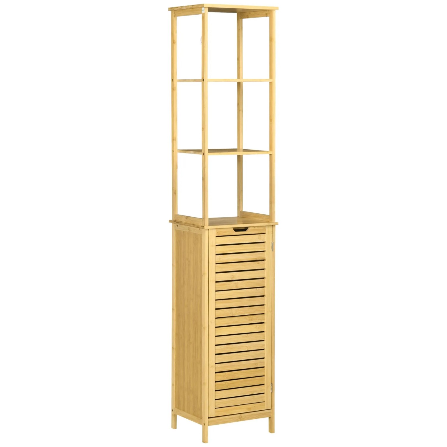 Kleankin Badkommode Badschrank Hochschrank mit 3 offenen Fächer und 1 Schrank, Bambus (Badmöbel, 1 St., Badezimmerschrank), Natur 34 x 30 x 173 cm