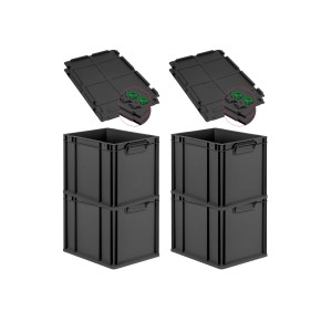 PROREGAL SuperSparSet: 4 schwarze Euroboxen mit Deckel und grünen Verschlüssen, 30 Liter.