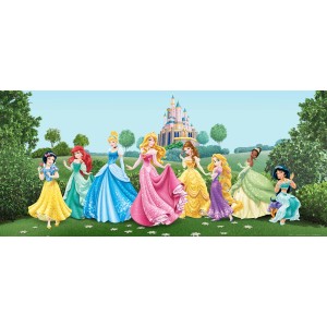 Disney Prinzessinnen Fototapete in Grün, Blau und Rosa, 202x90 cm. Märchenhaftes Wandbild fürs Kinderzimmer.